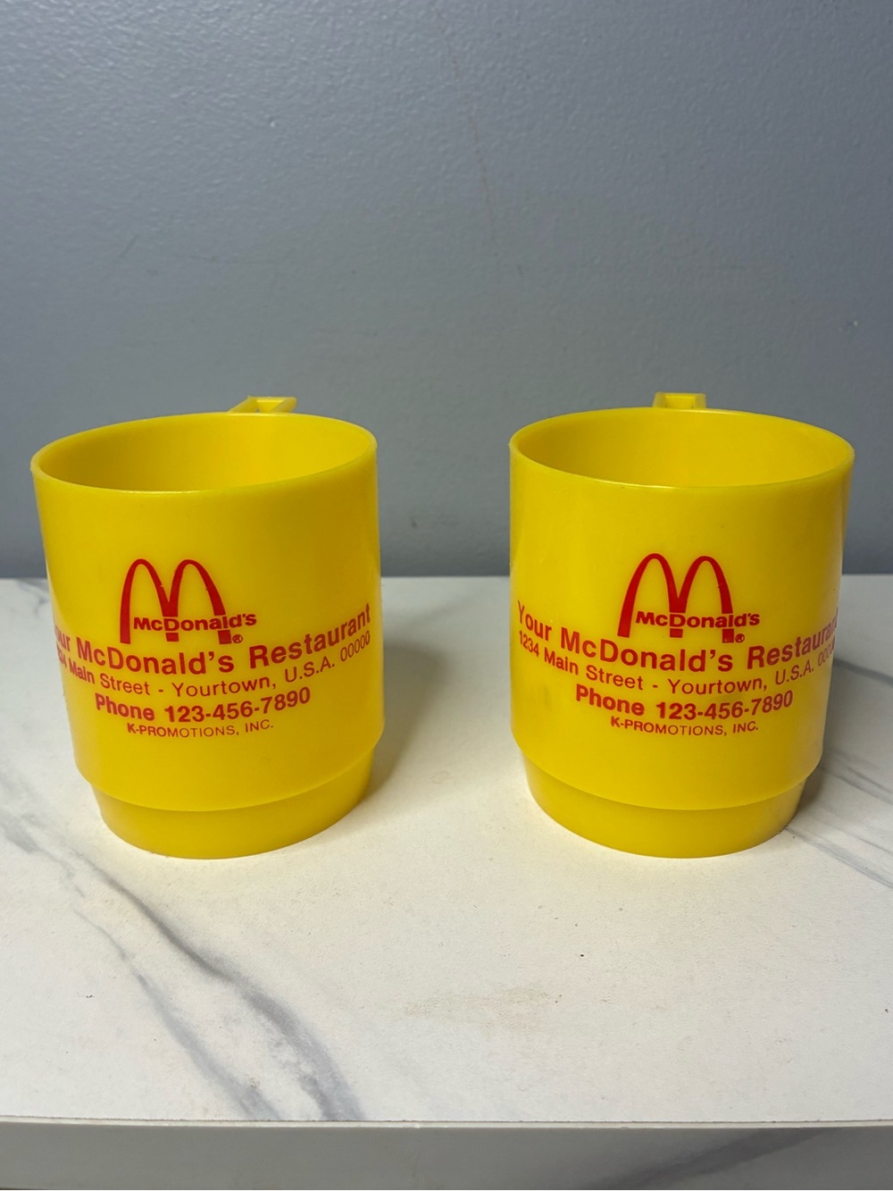 McDonald’s vintage K-Promotions Yellow Plastic Advertising Mugs Set of 2